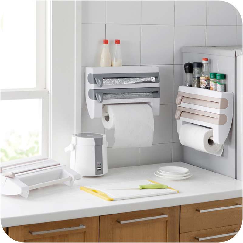 Wall mounted multifunctional fresh-keeping film cutter, paper towel