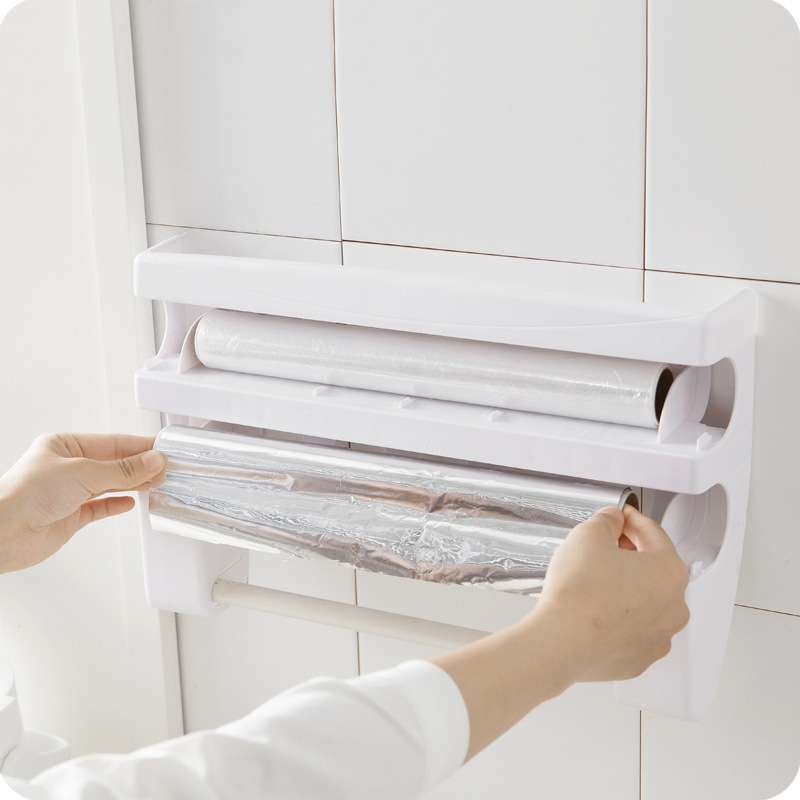 Wall mounted multifunctional fresh-keeping film cutter, paper towel