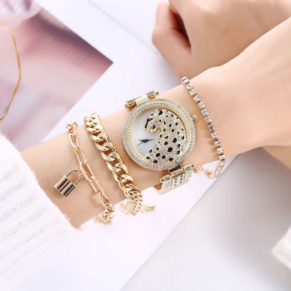 Leopard band quartz watch + bracelet (4pcs/set)