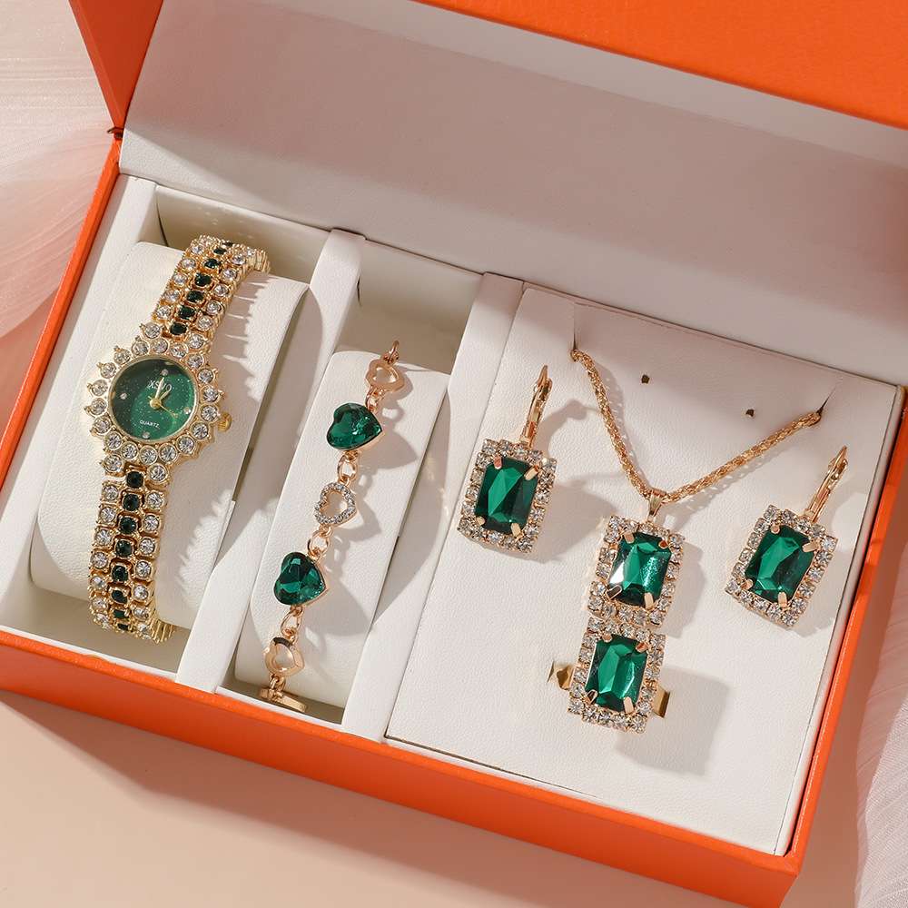 Green watch quartz watch + ring set gift box 5pcs/set
