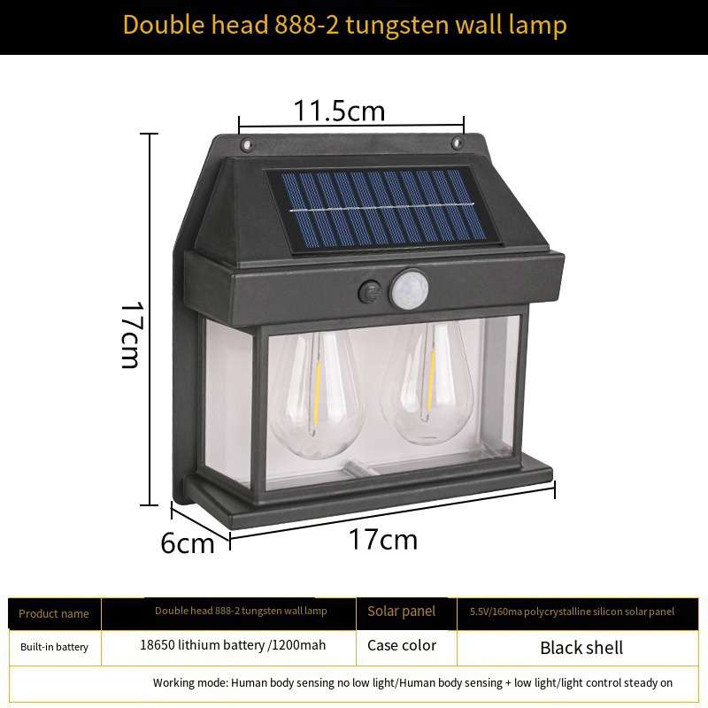 Solar tungsten outdoor RAINPROOF double Bulb sensor wall light