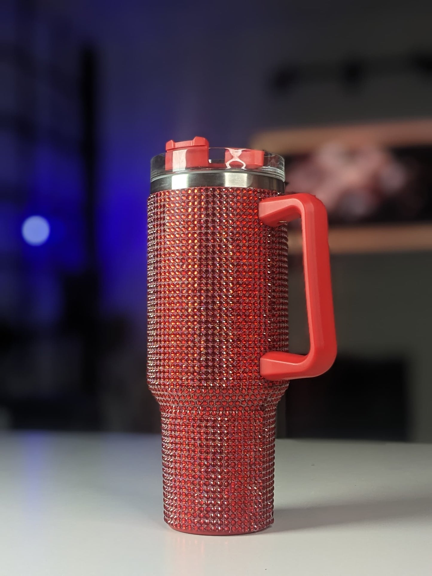 Shiny Rhinestone 40 0z Tumbler with Handle. RED