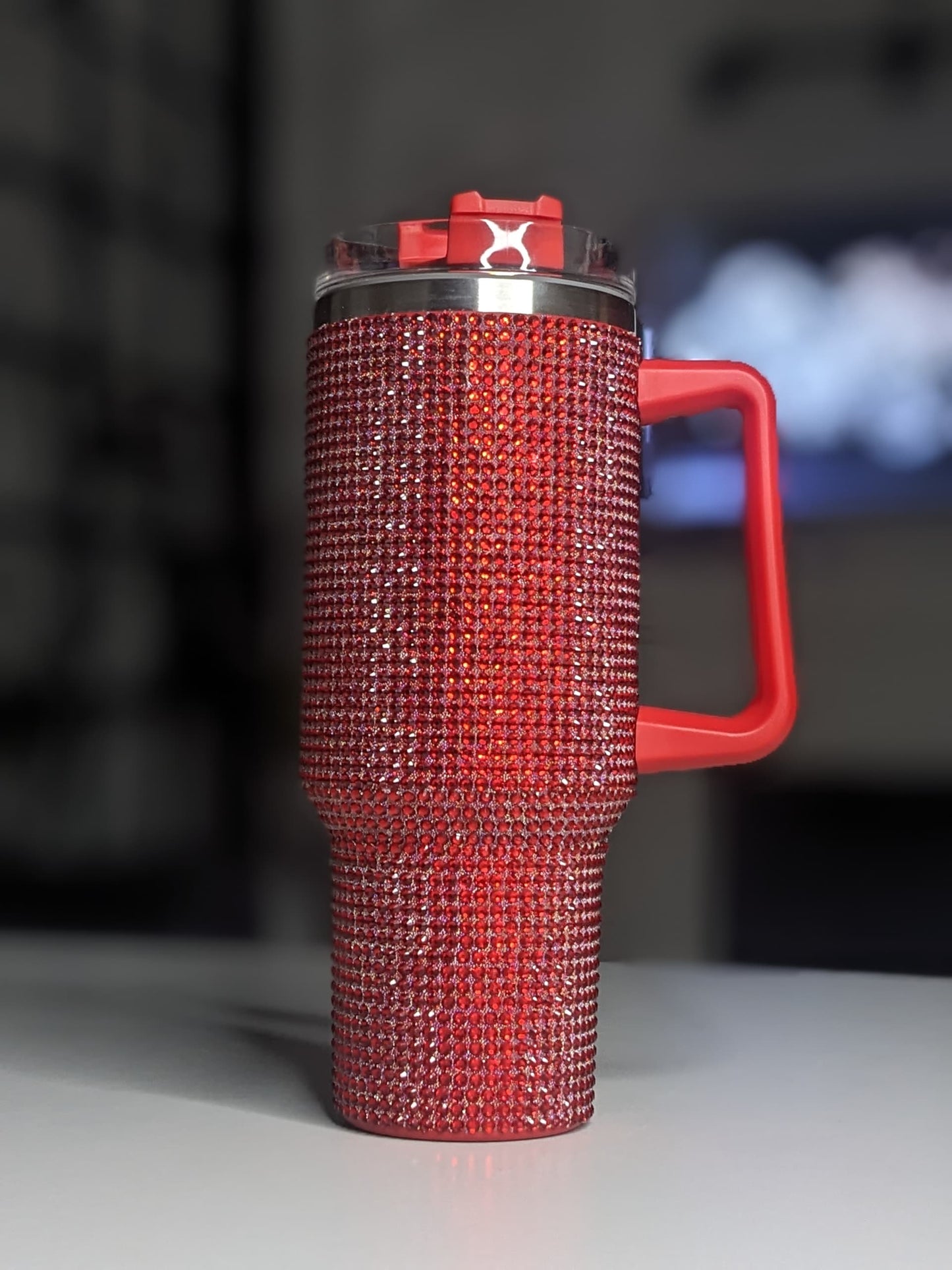 Shiny Rhinestone 40 0z Tumbler with Handle. RED