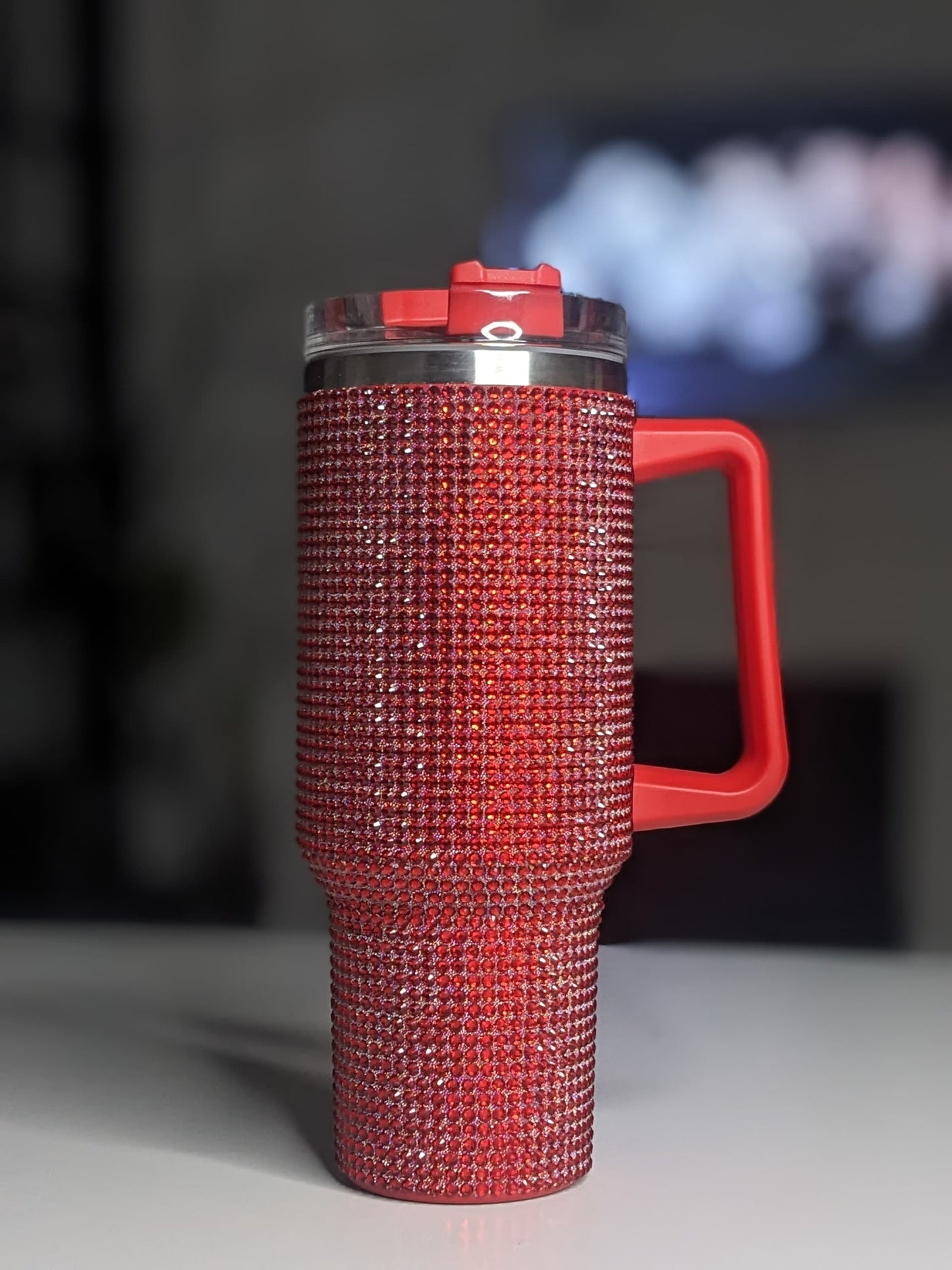 Shiny Rhinestone 40 0z Tumbler with Handle. RED