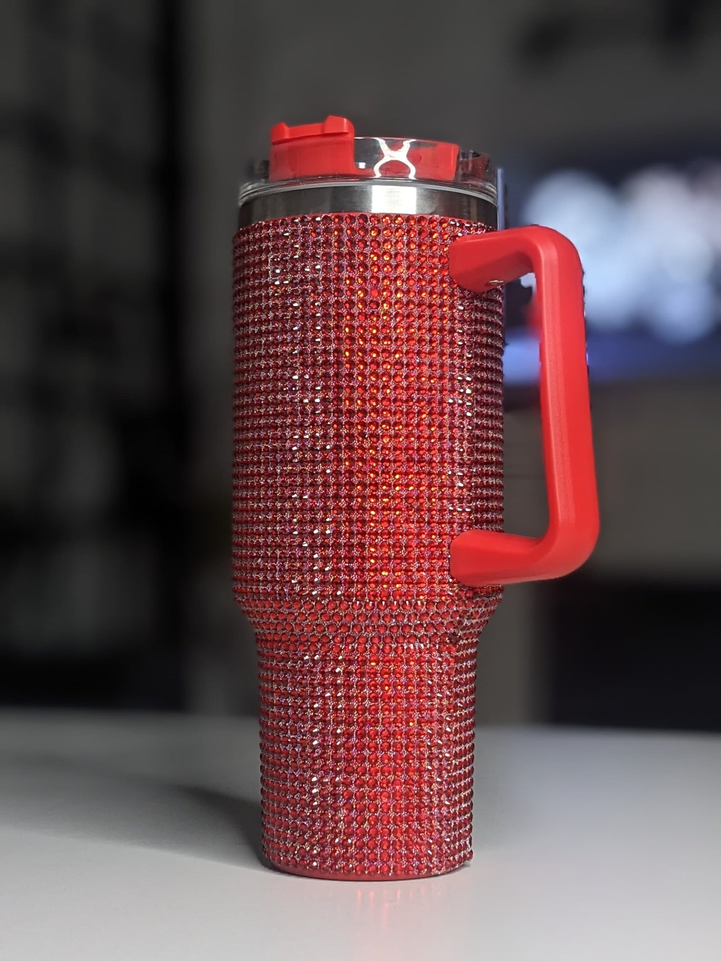 Shiny Rhinestone 40 0z Tumbler with Handle. RED