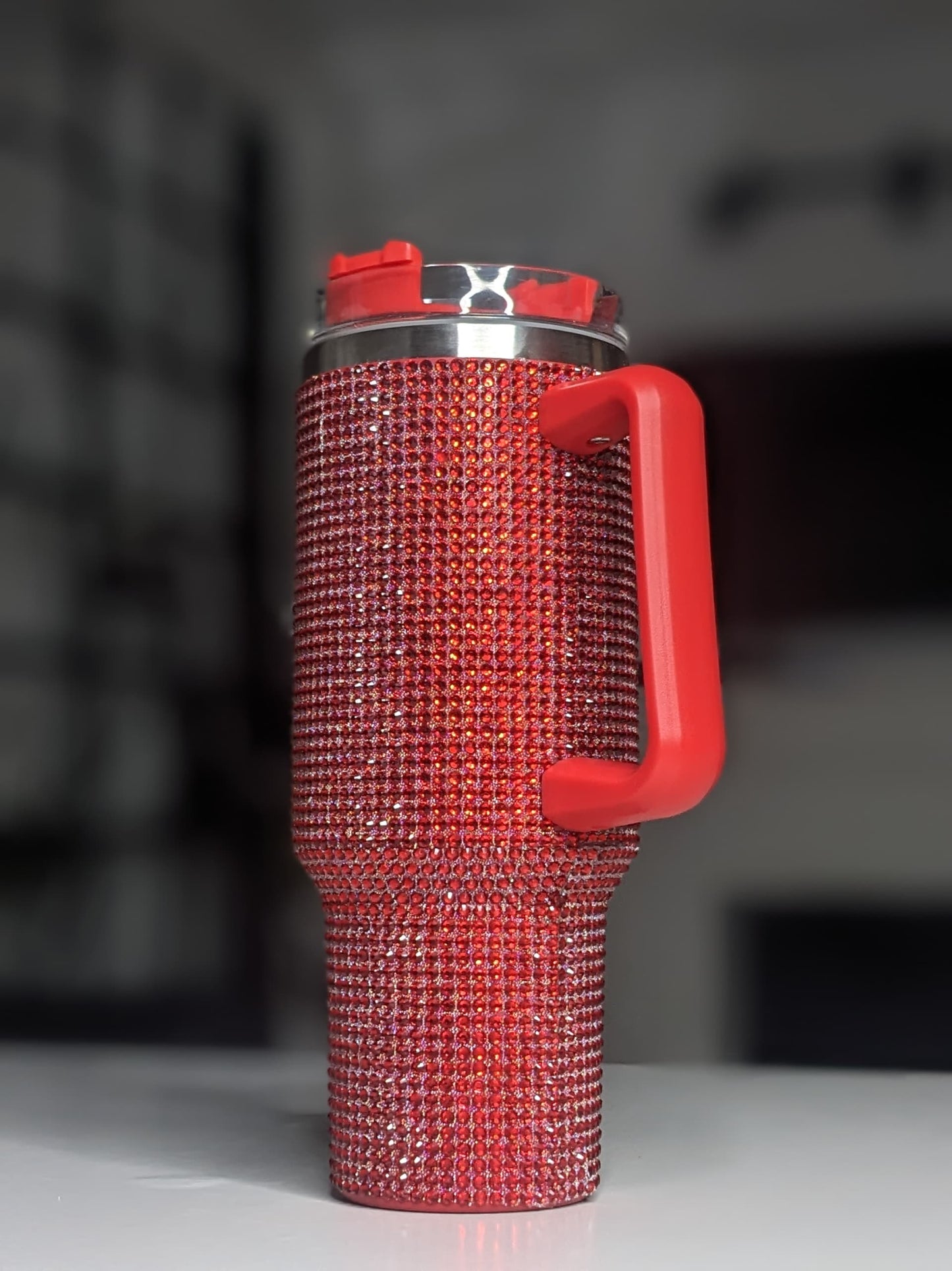 Shiny Rhinestone 40 0z Tumbler with Handle. RED