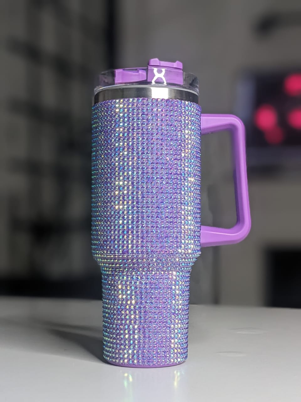 Shiny Rhinestone 40 0z Tumbler with Handle - PURPLE