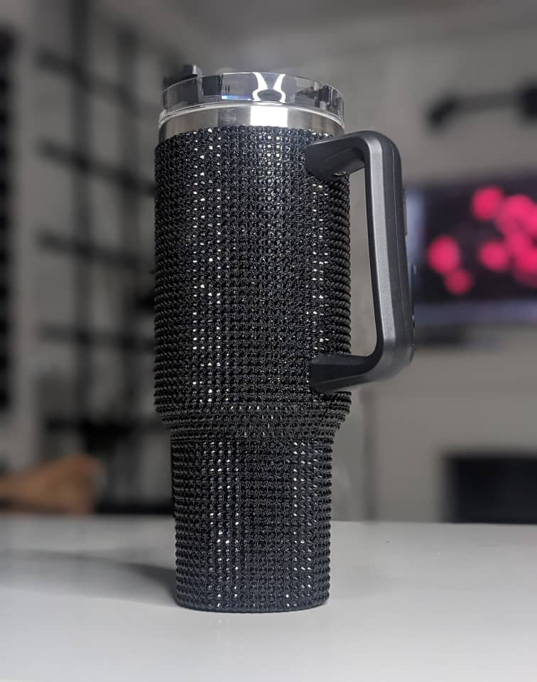 Shiny Rhinestone 40 0z Tumbler with Handle - BLACK