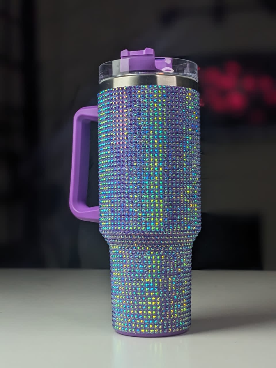 Shiny Rhinestone 40 0z Tumbler with Handle - PURPLE