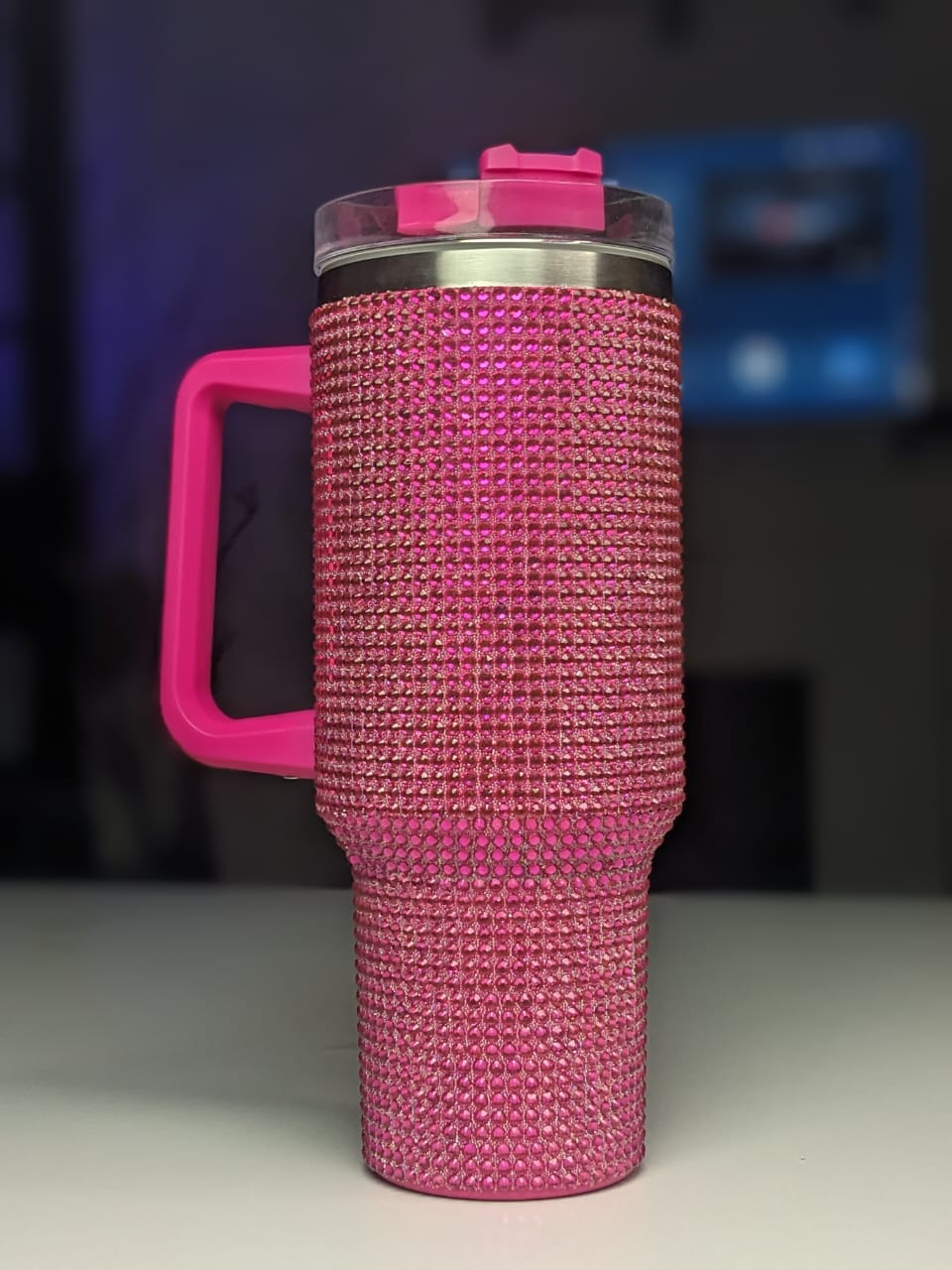 Shiny Rhinestone 40 0z Tumbler with Handle - BUBBLE GUM