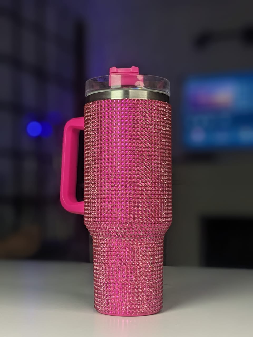 Shiny Rhinestone 40 0z Tumbler with Handle - BUBBLE GUM