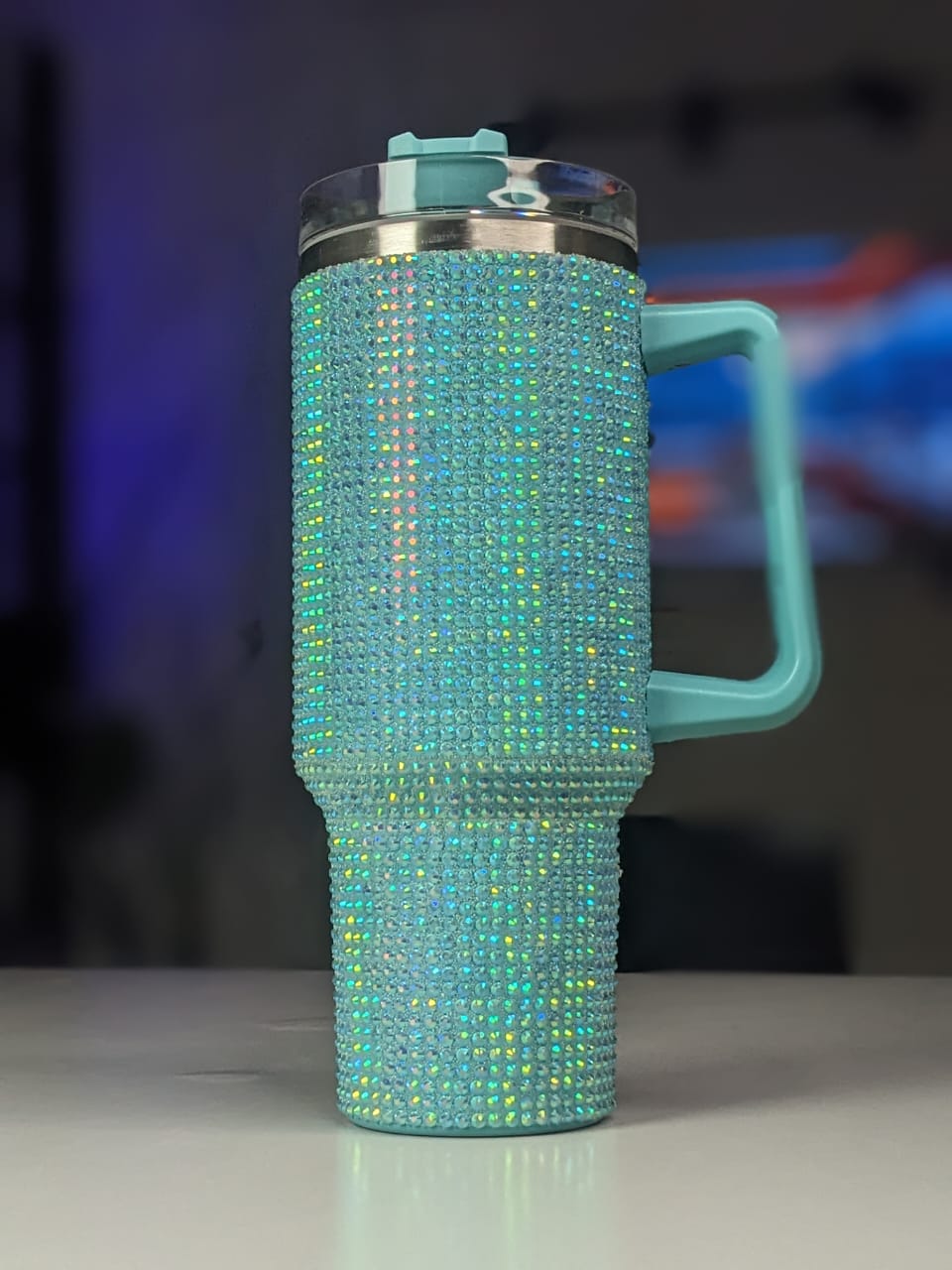 Shiny Rhinestone 40 0z Tumbler with Handle - SEA GREEN
