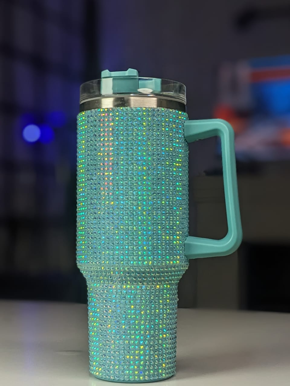 Shiny Rhinestone 40 0z Tumbler with Handle - SEA GREEN