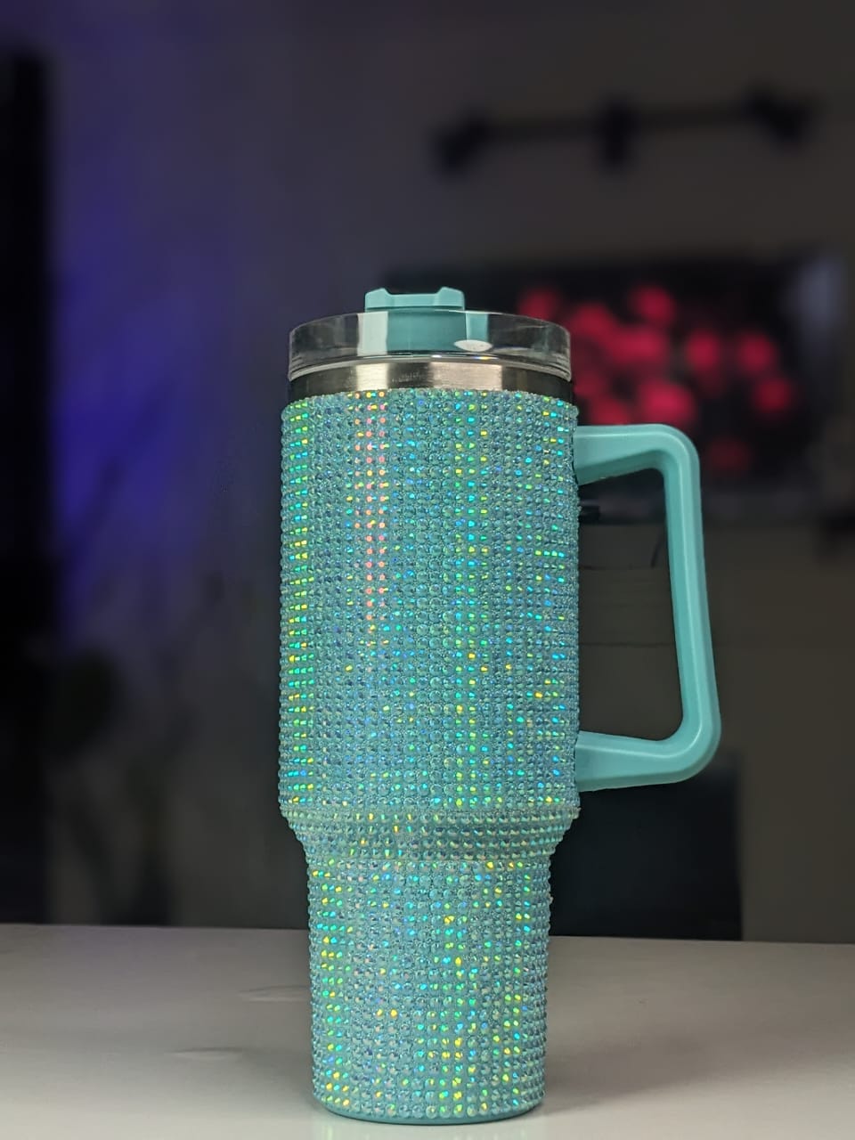 Shiny Rhinestone 40 0z Tumbler with Handle - SEA GREEN
