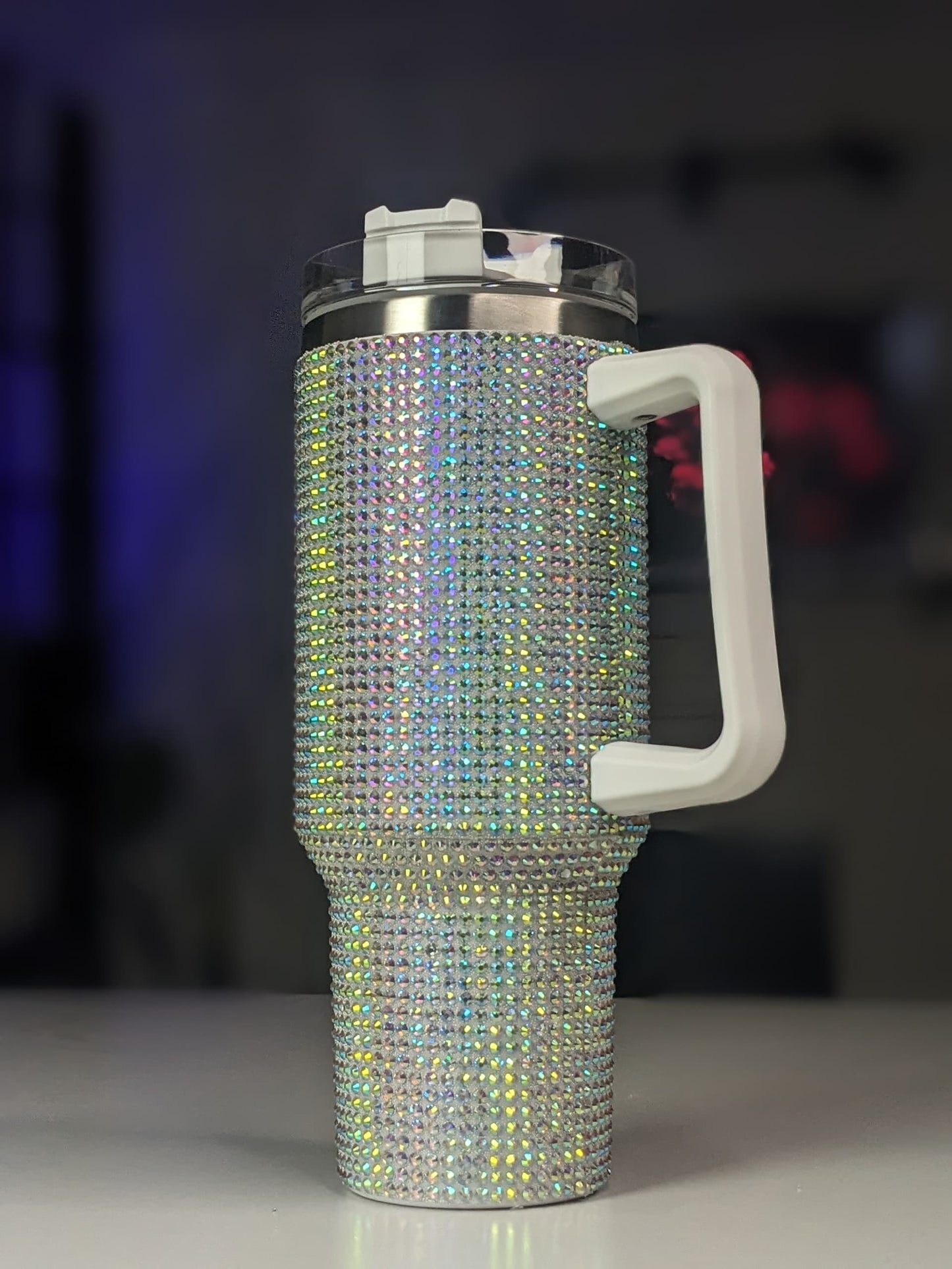 Shiny Rhinestone 40 0z Tumbler with Handle - WHITE