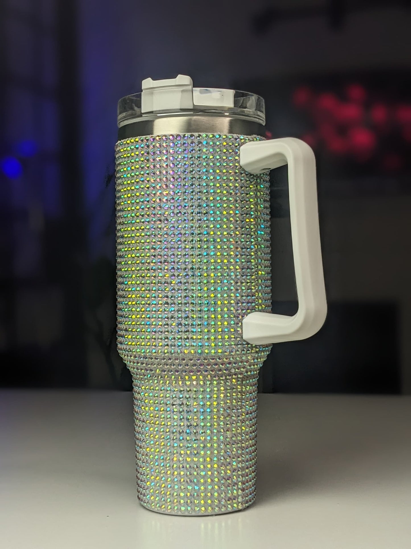 Shiny Rhinestone 40 0z Tumbler with Handle - WHITE