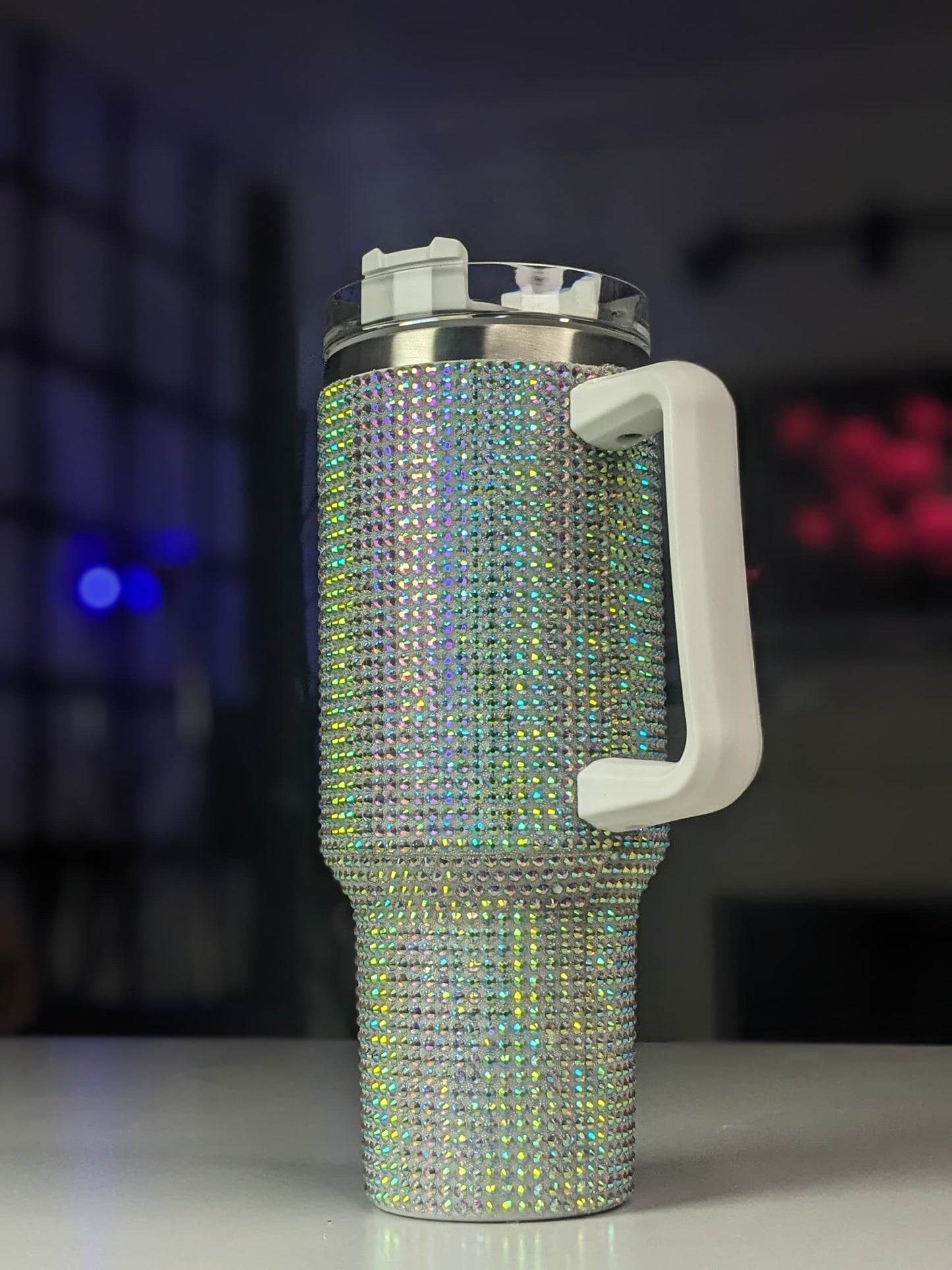 Shiny Rhinestone 40 0z Tumbler with Handle - WHITE
