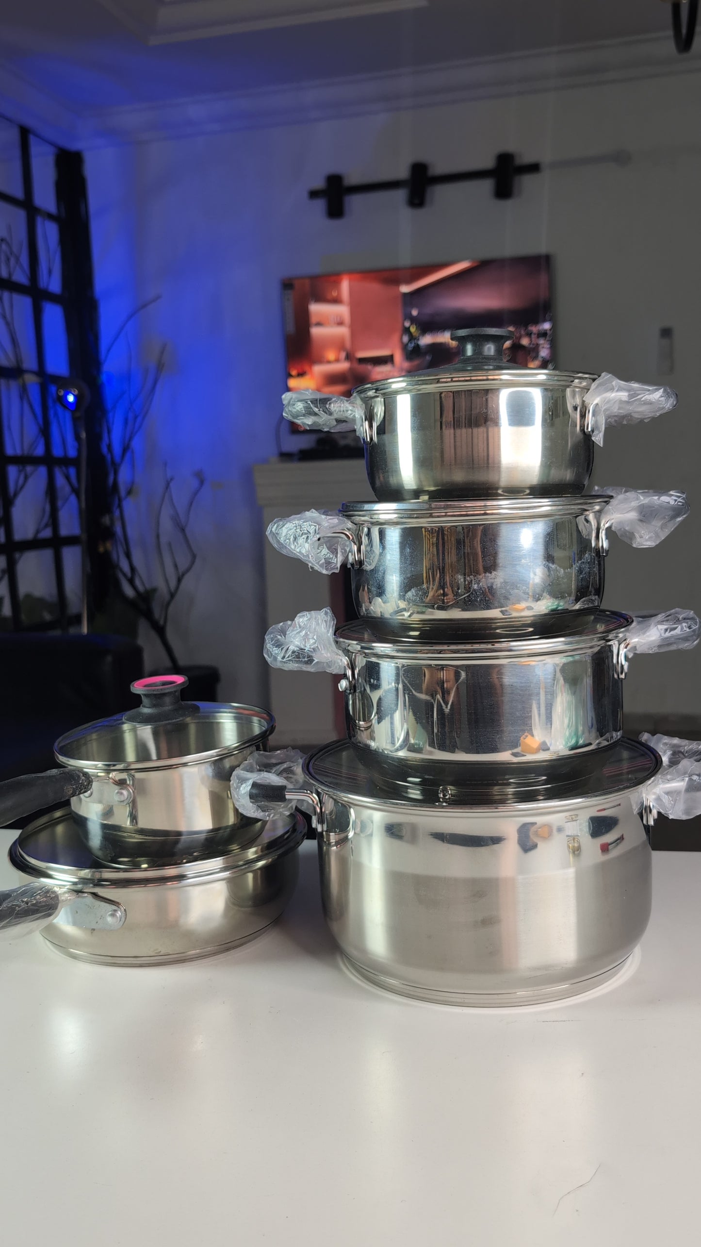 6set - 4 Stainless pot with two frying pan set with glass covers 28cm/24cm/20cm/18cm/22cm