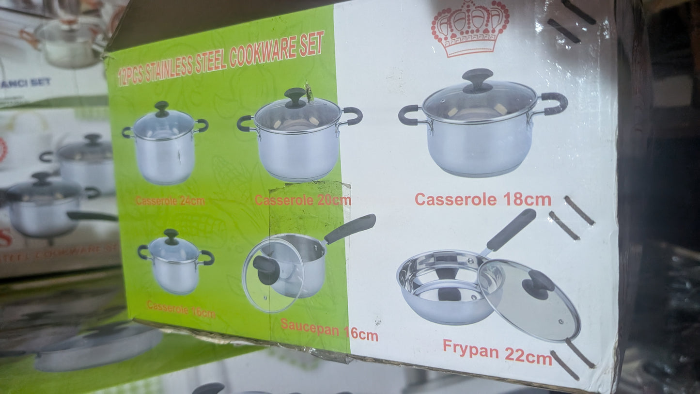 6set - 4 Stainless pot with two frying pan set with glass covers 28cm/24cm/20cm/18cm/22cm