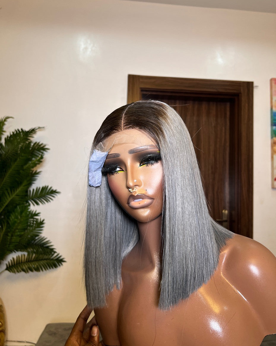 SDD bone straight grey 12 inches with dark root 2by4 closure blunt cut wig