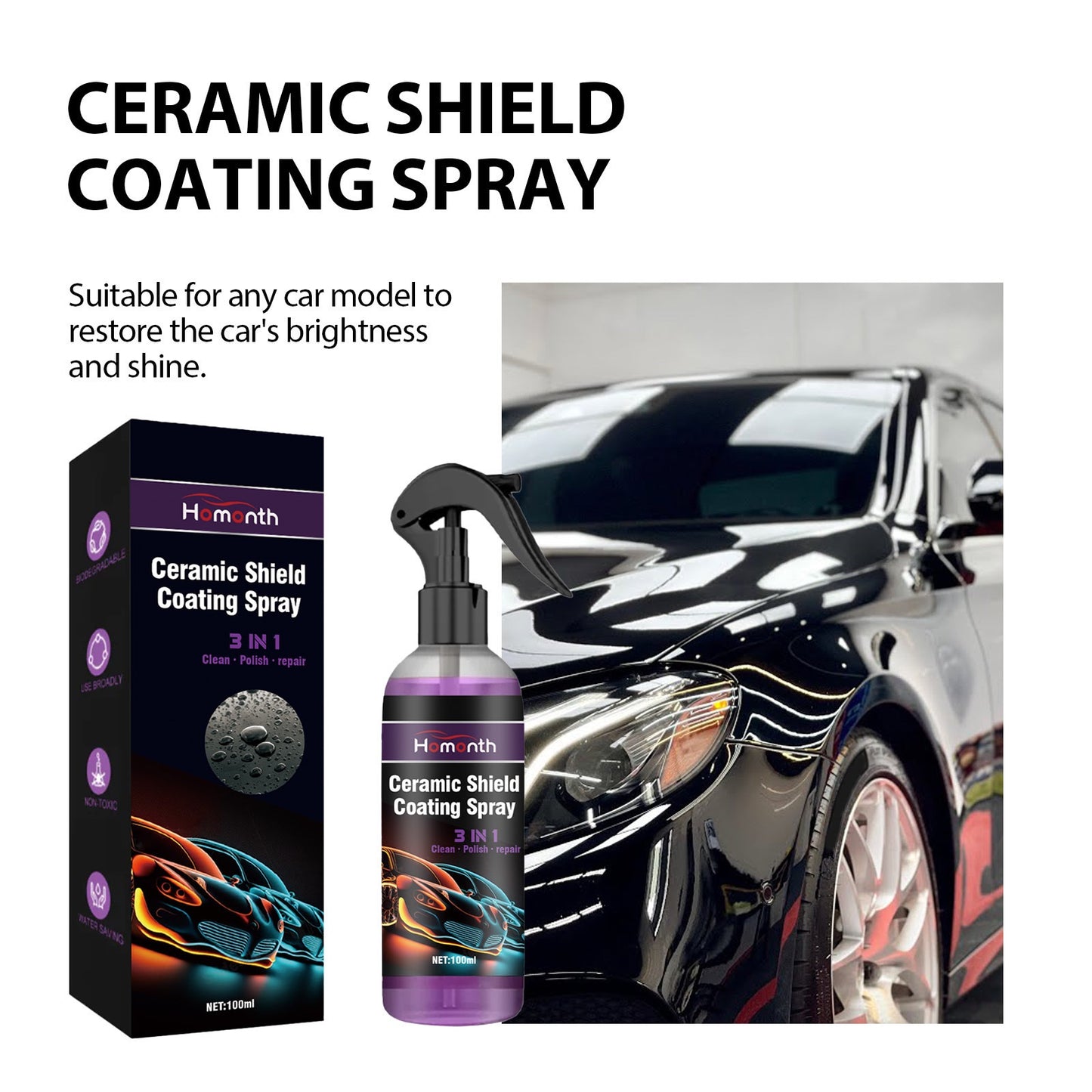 HOMONTH 3inl (CLEAN/POLISH/REPAIR) CAR CERAMIC SHIELD WAX COATING SPRAY