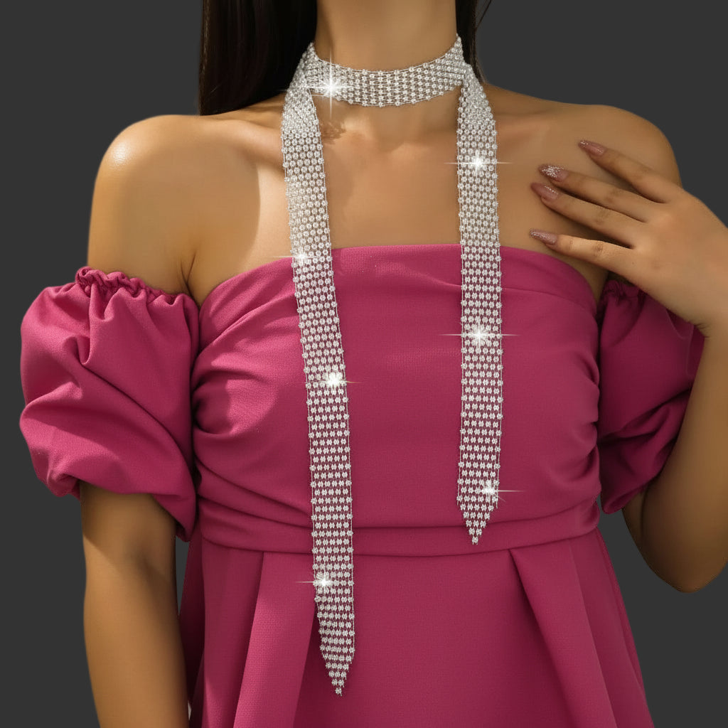 (white) rhinestone long tassel female diamond tie