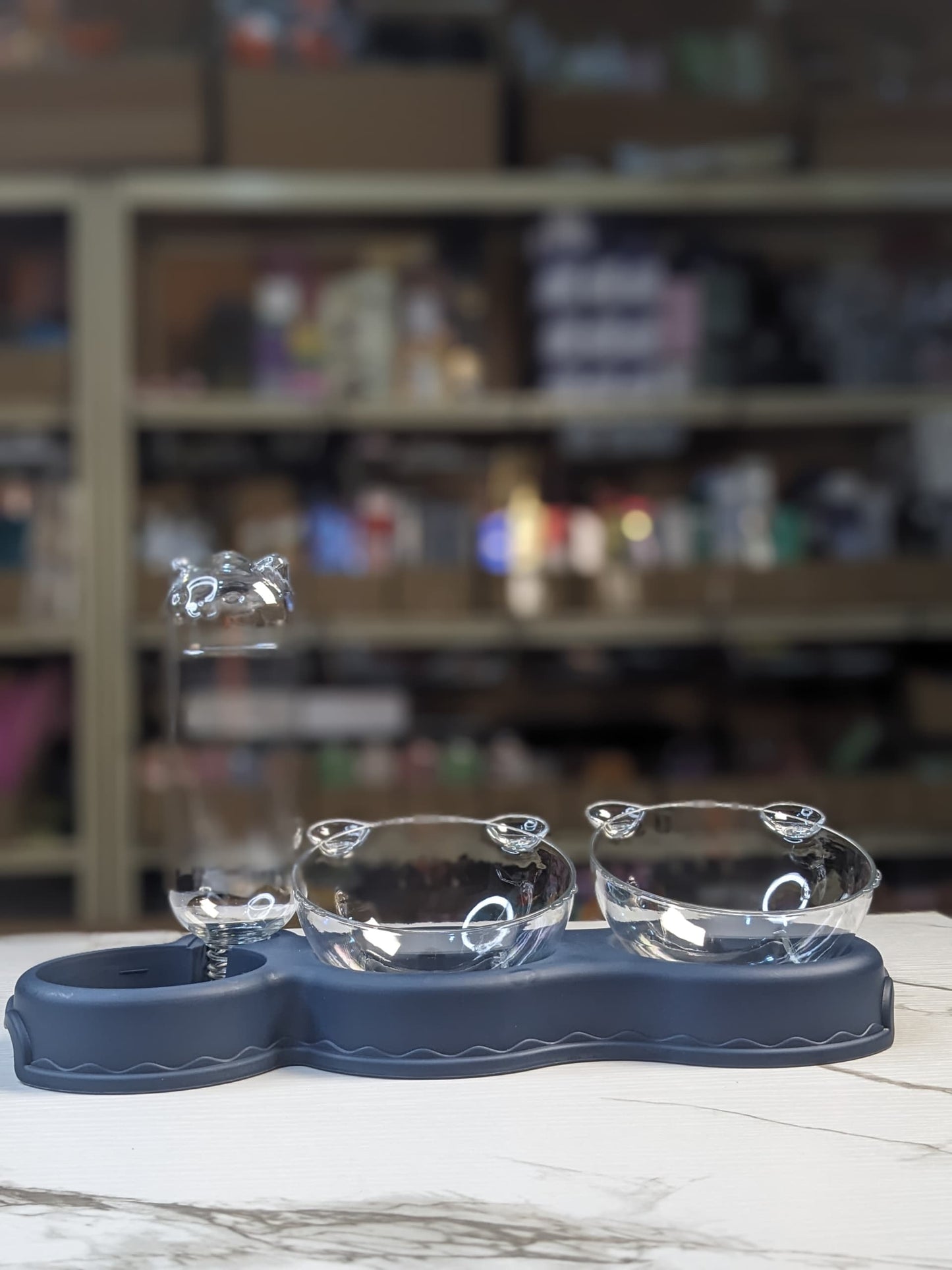 Dark blue Coco double pet feeder with free self dispenser bottle