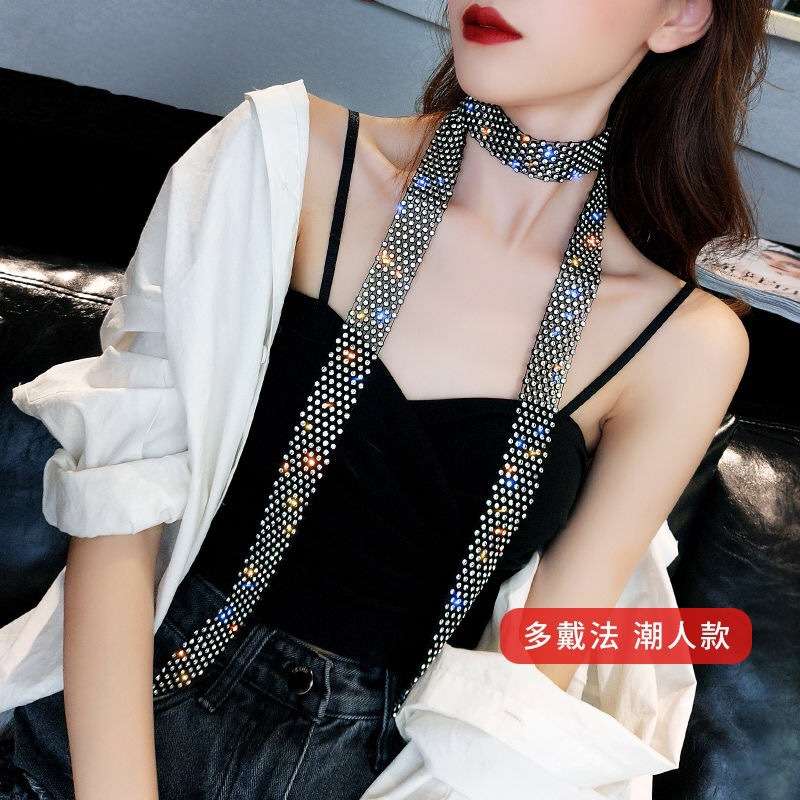 Black rhinestone long tassel female diamond tie
