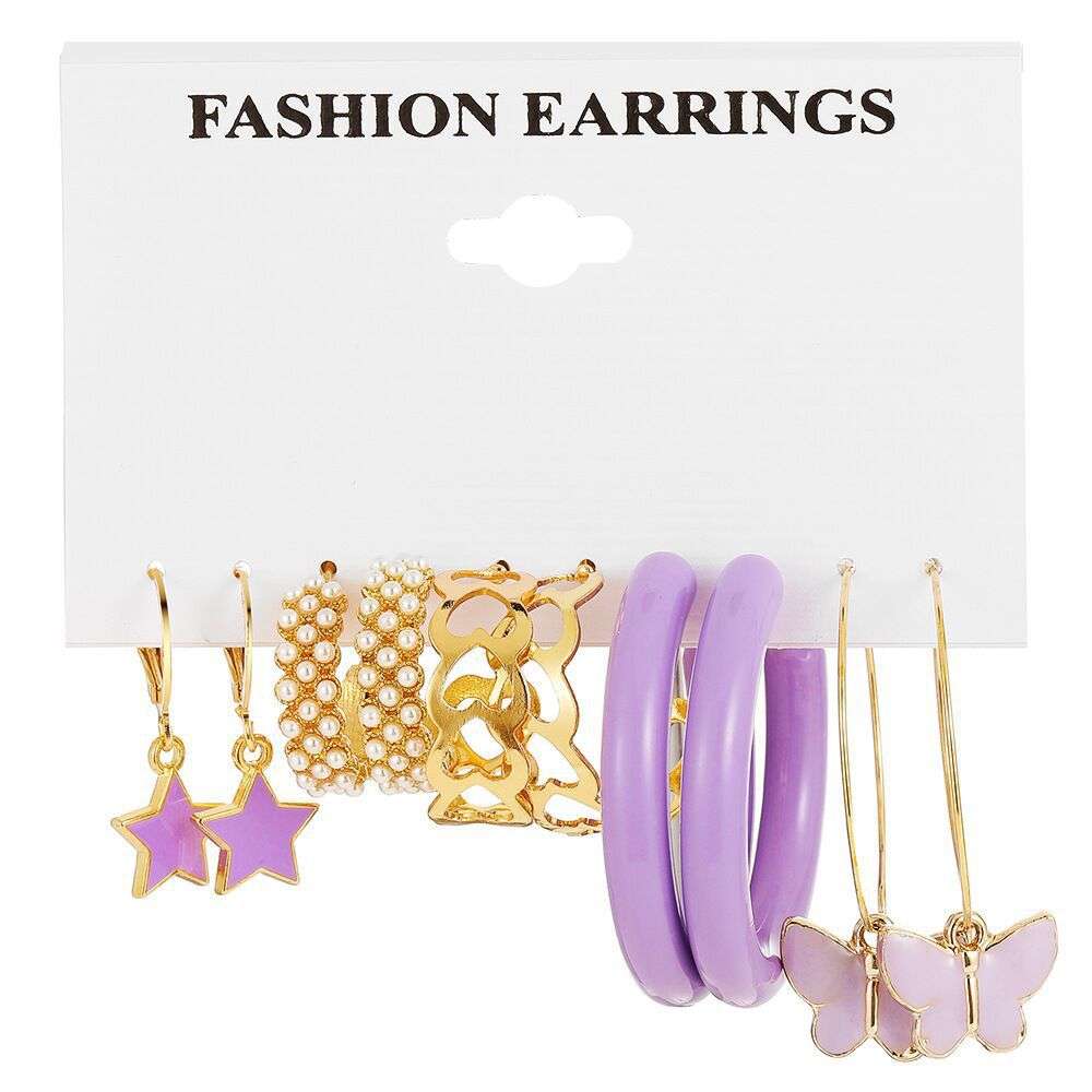 B163 purple butterfly earrings suit 5-piece retro Pearl