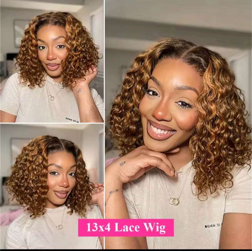 Deep Culry 13x4 Lace Frontal Human Hair Wigs 220% Density #4/27 Highlight Brown Deep Curly Bob 12inches Wig