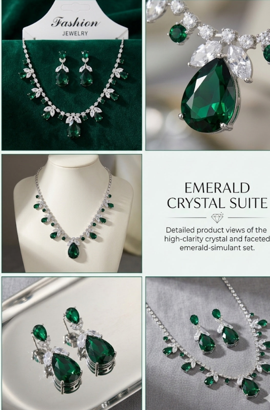 WS06 Ruby Emerald Crystal Gem Earring And Necklace Set Zicaron Glitter non Tarnish set