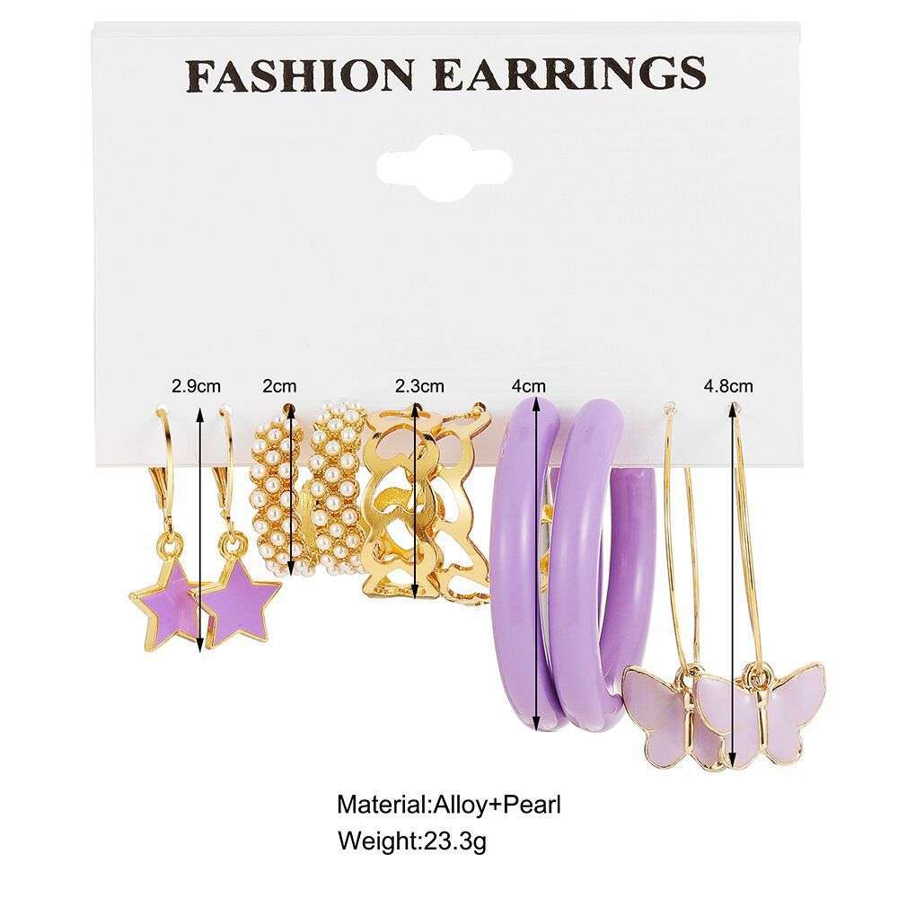 B163 purple butterfly earrings suit 5-piece retro Pearl