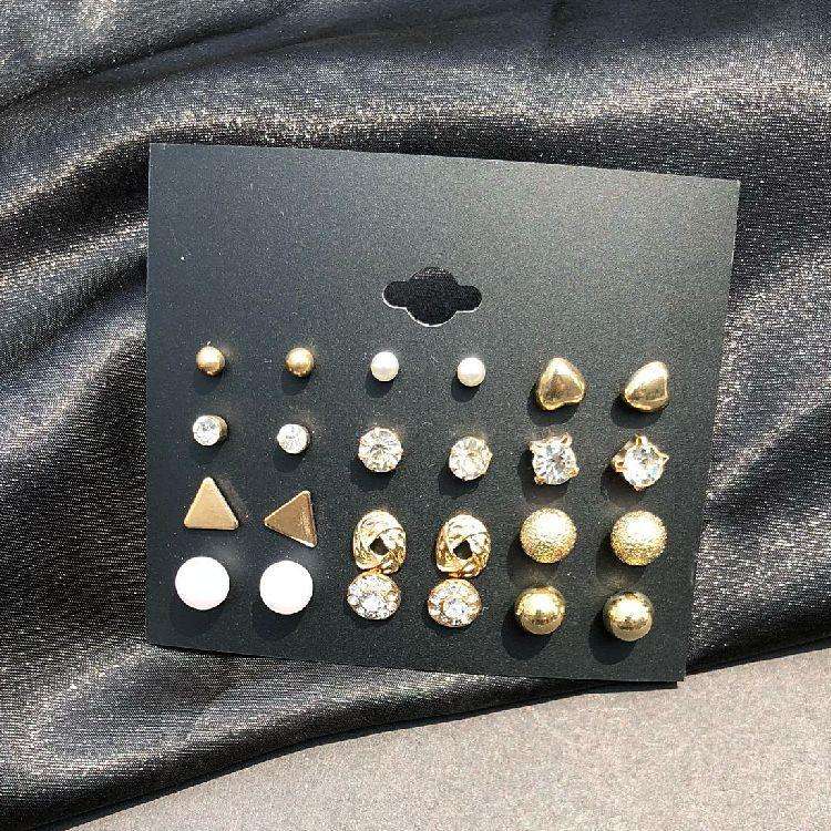 B422 multi-piece set earrings 12 pairs of plate square zircon earrings