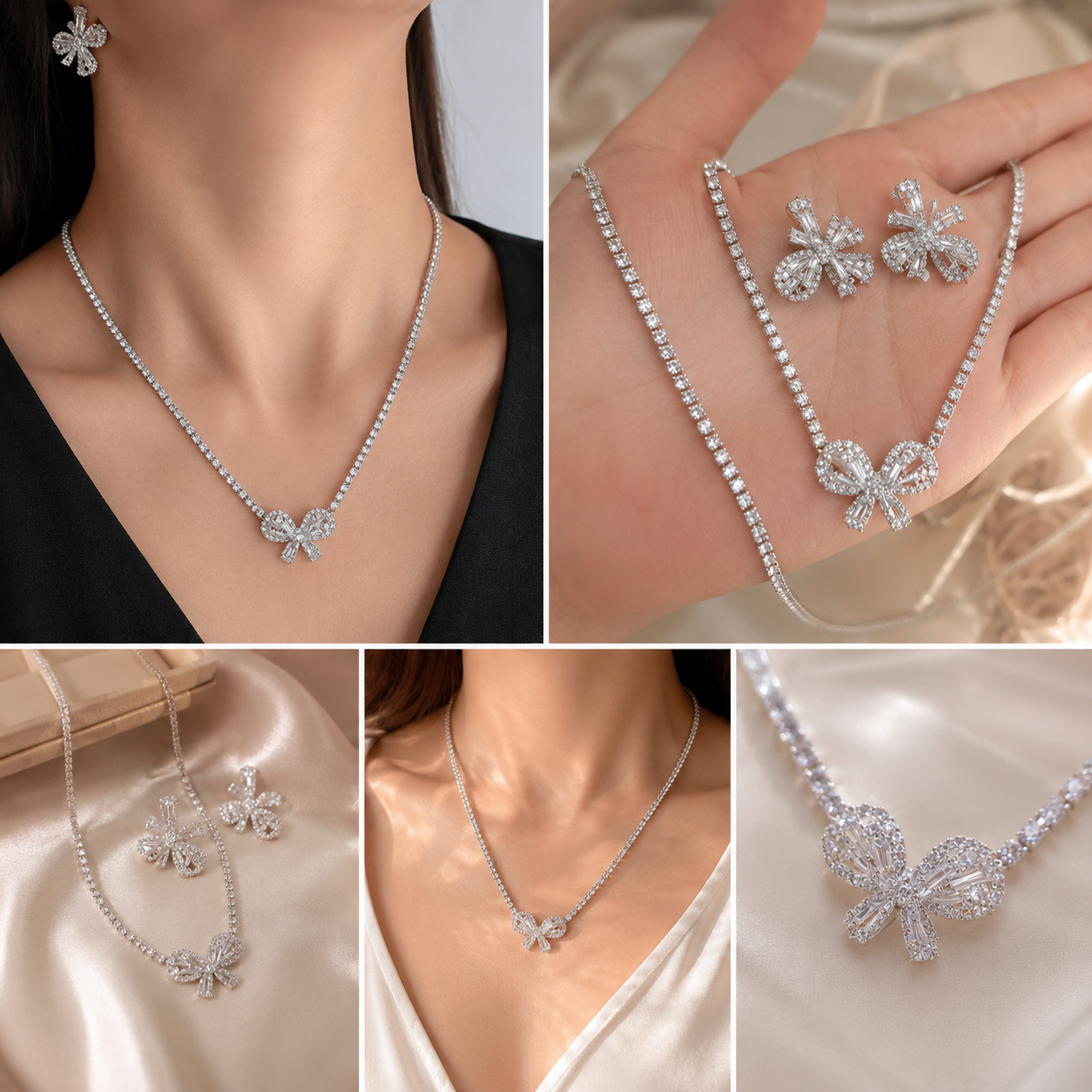 WS07 Diamond Elite Crystal Gem Earring And Necklace Set Zicaron Glitter non Tarnish set
