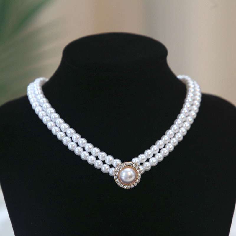 CO47 Elegant Retro Double-Layered Pearl Necklace with Diamonds