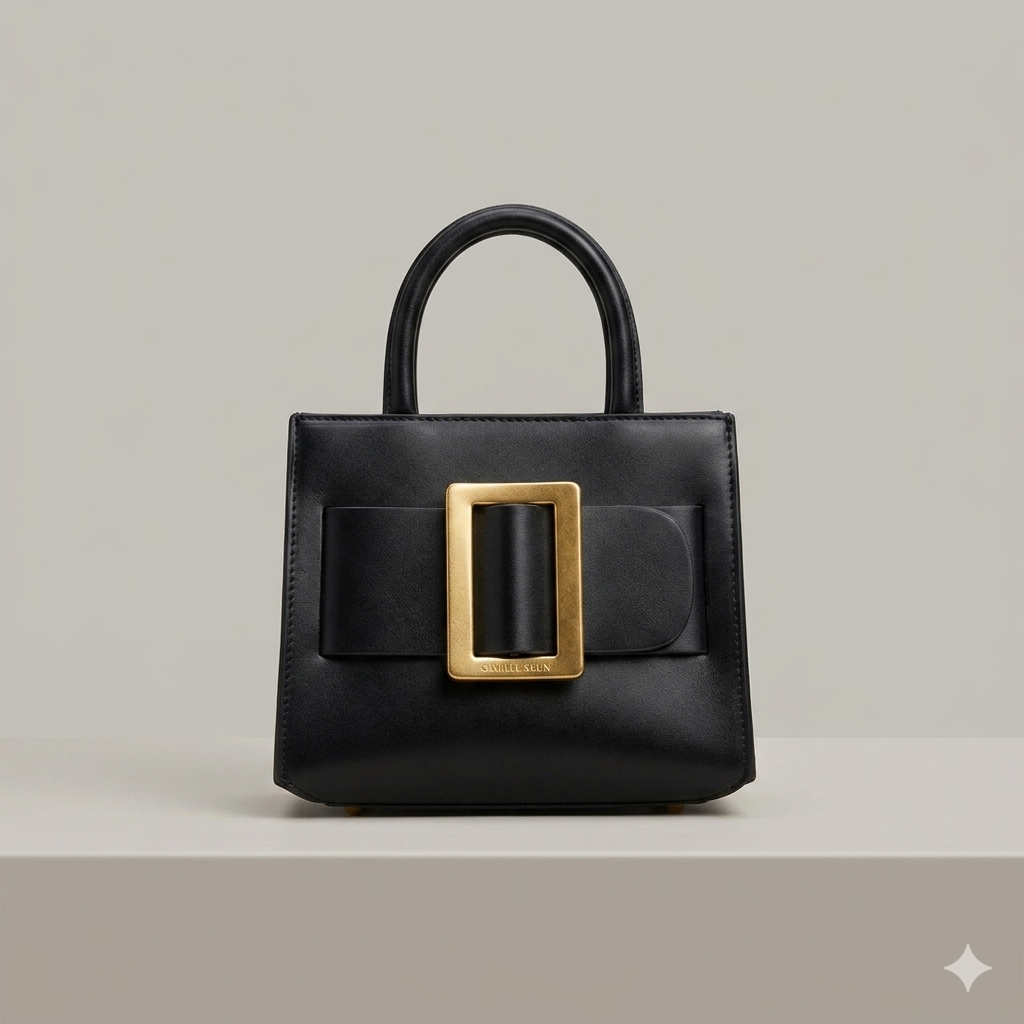 The Black Signature Buckle Satchel Bag comes boxed qs1