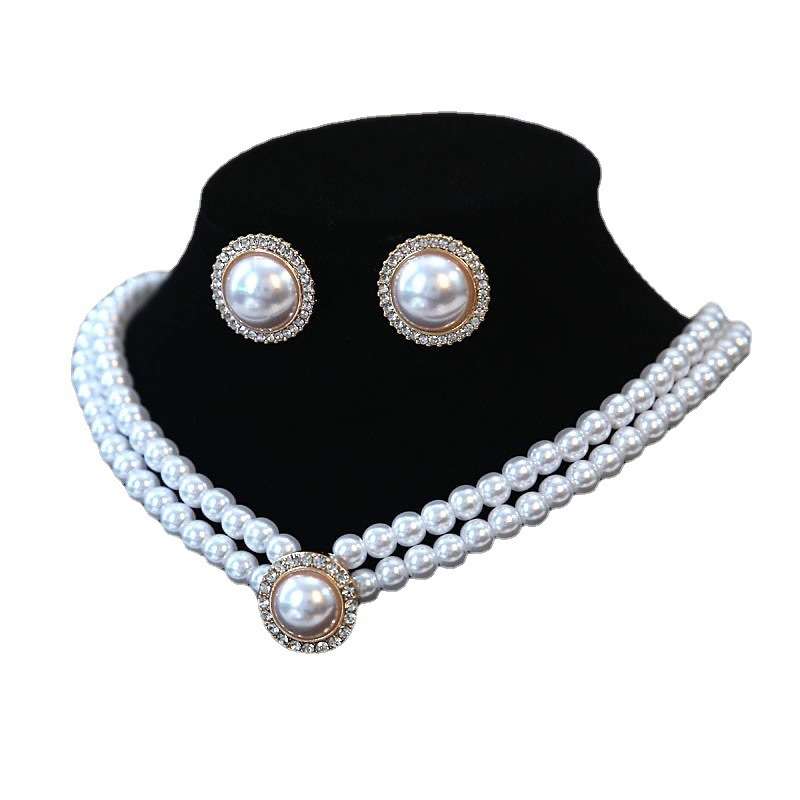 CO47 Elegant Retro Double-Layered Pearl Necklace with Diamonds