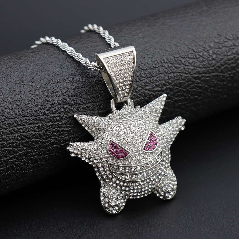American Hip Hop Full Diamond Silver Pokemon elf twist chain 60cm Necklace