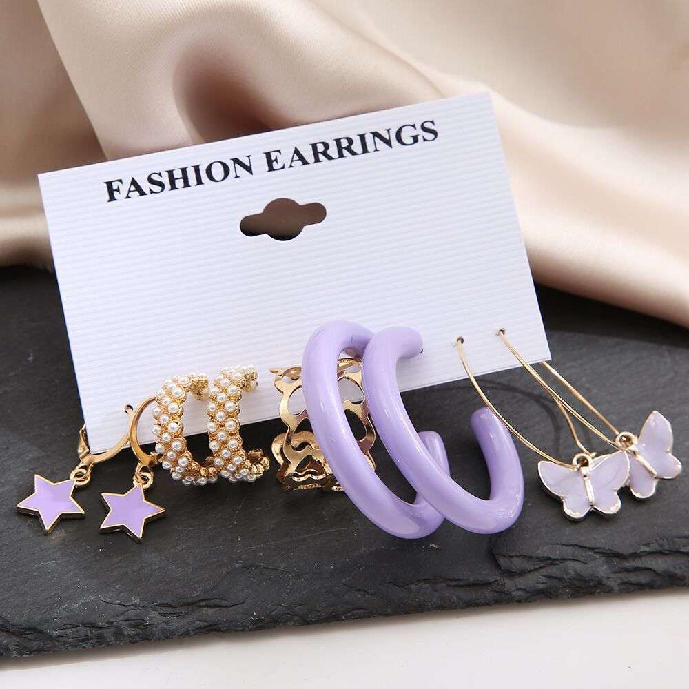 B163 purple butterfly earrings suit 5-piece retro Pearl