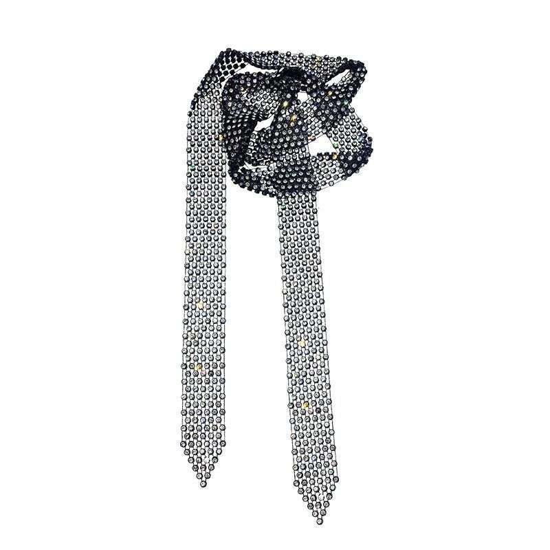 Black rhinestone long tassel female diamond tie