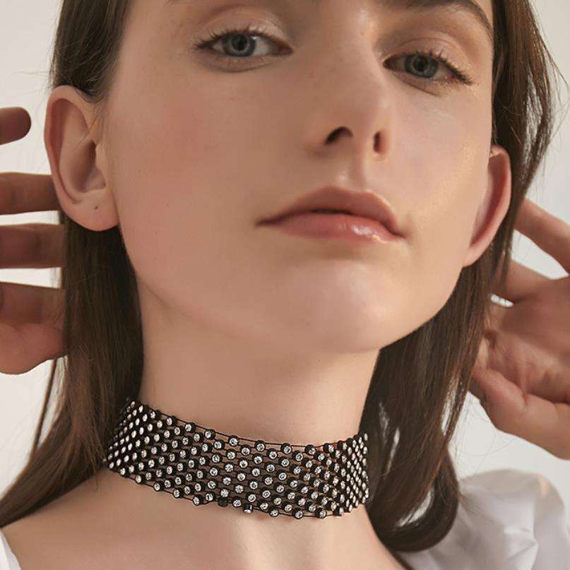 Black rhinestone long tassel female diamond tie