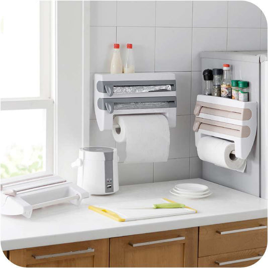 Wall mounted multifunctional fresh-keeping film cutter, paper towel