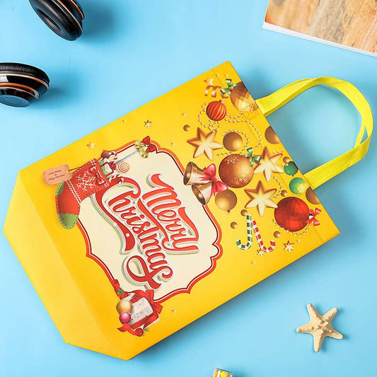 Yellow Santa with Christmas train Christmas Big gift woven bag 40cm x 36cm
