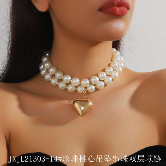 Double-layer pearls  beaded necklace