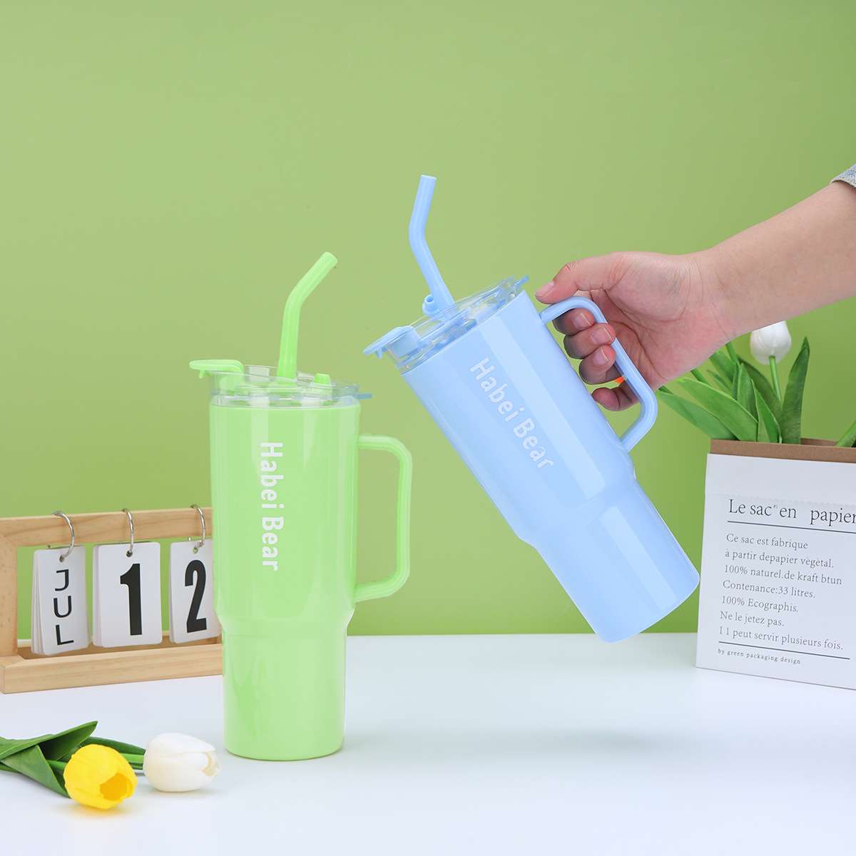 3 in 1 Three-piece  Cup with Straw Handle Car Cup Outdoor Portable souvenir set (no color selection)