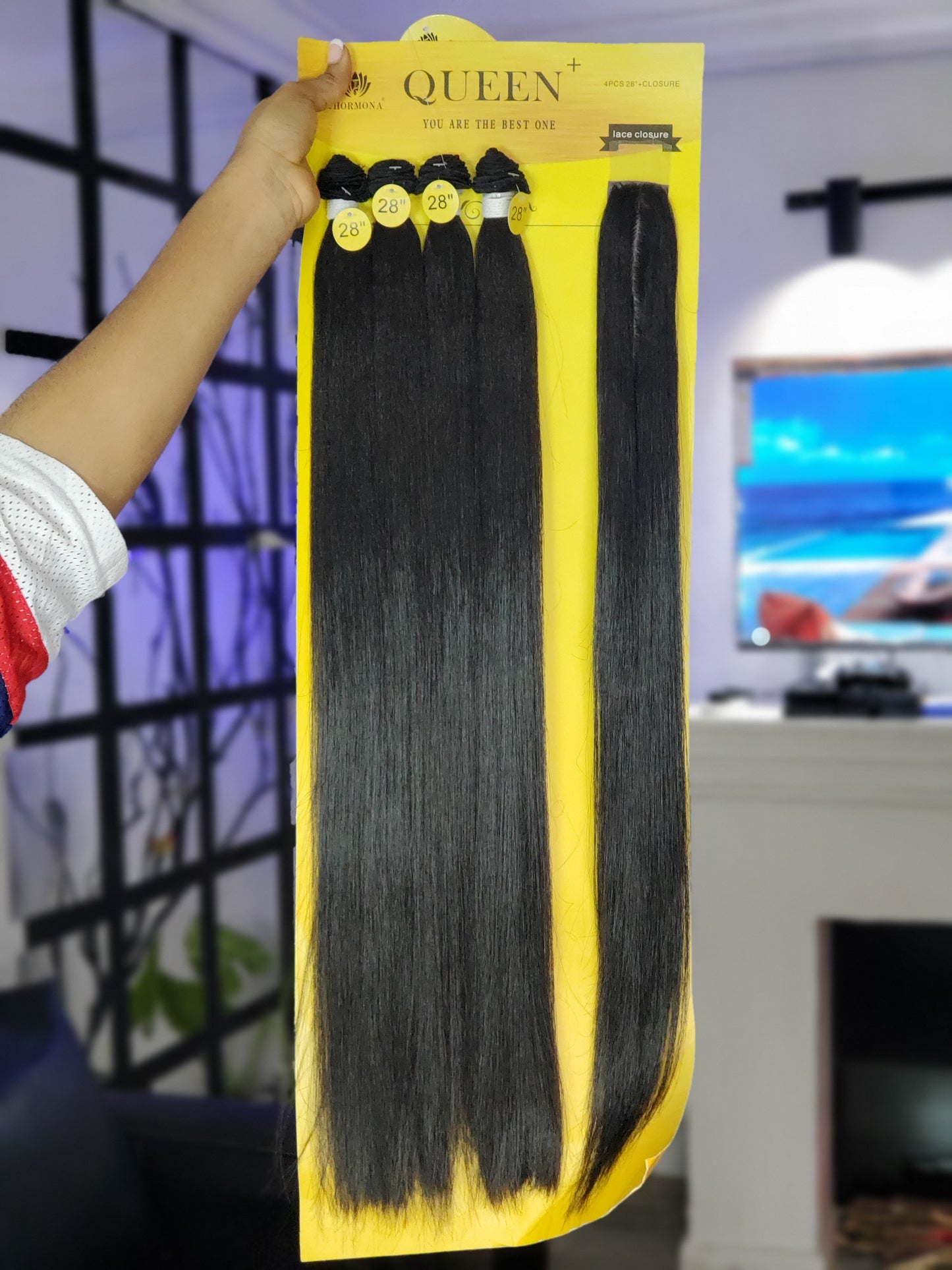 Queens Silky bone straight assistant hair Padded closure 28inches + 3 bundles human hair texture SKU112