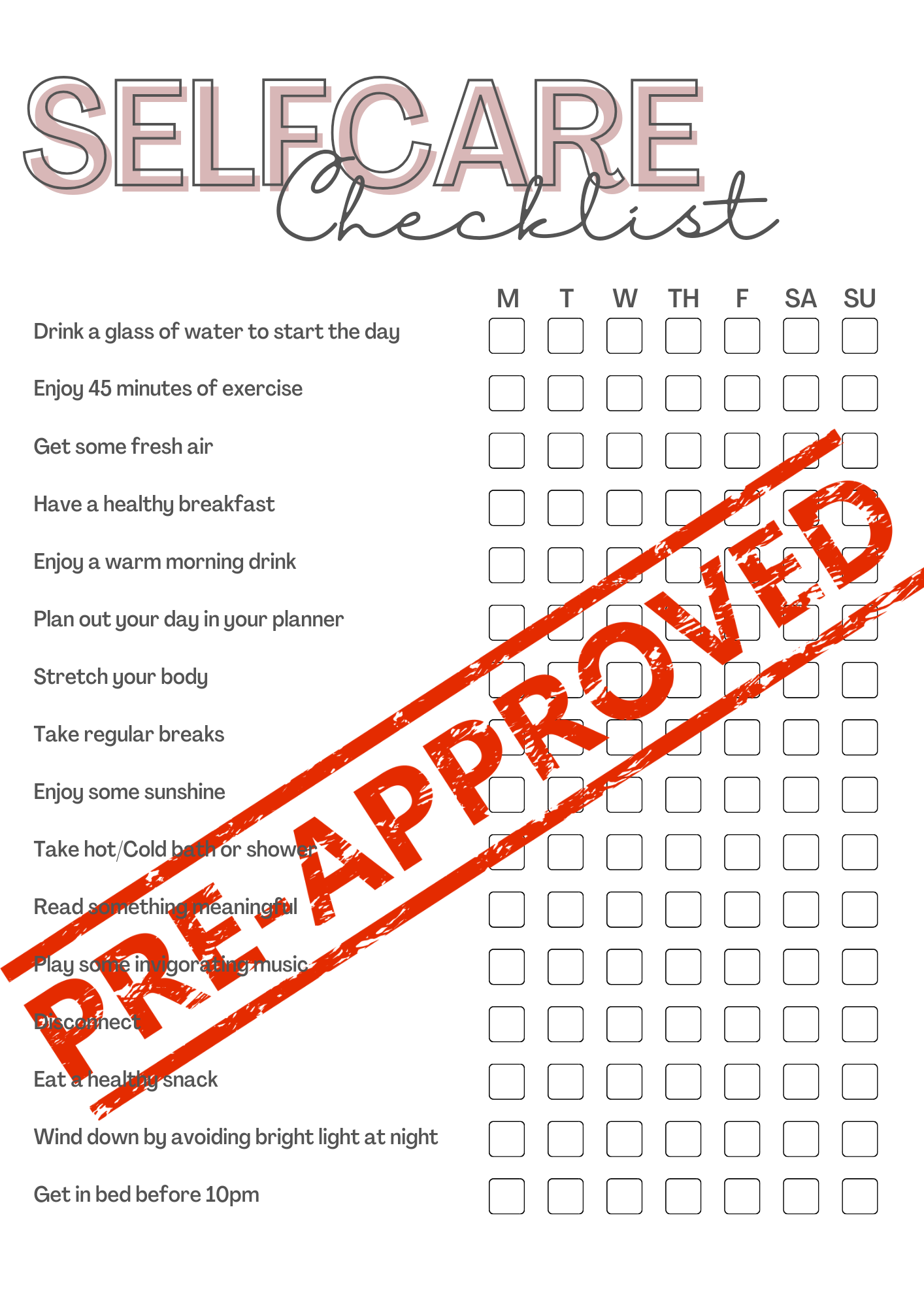 Weekly Self care check list Ebook printable