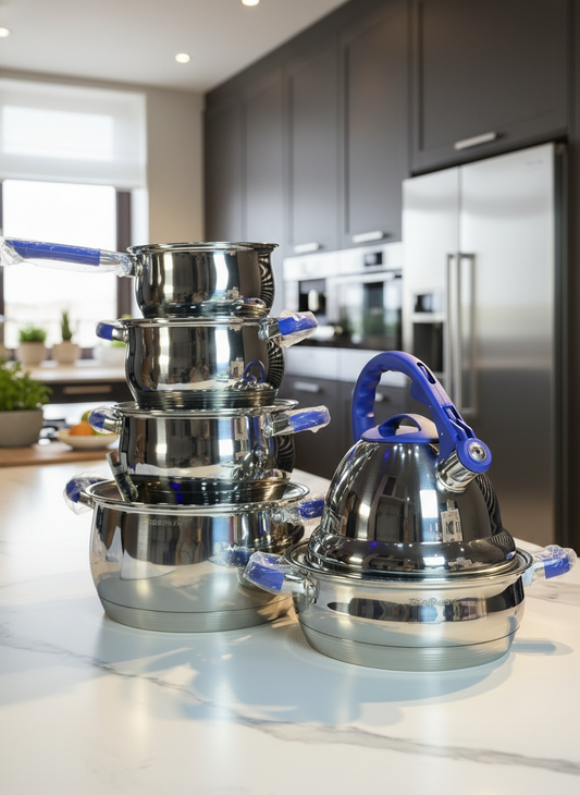 German High Quality  Professional cookware with free kettle (sizes 24cm/20cm/18cm/16cm/ kettle 2.5liters, frying pan 3.5liters) - Heat resistant handle - BLUE