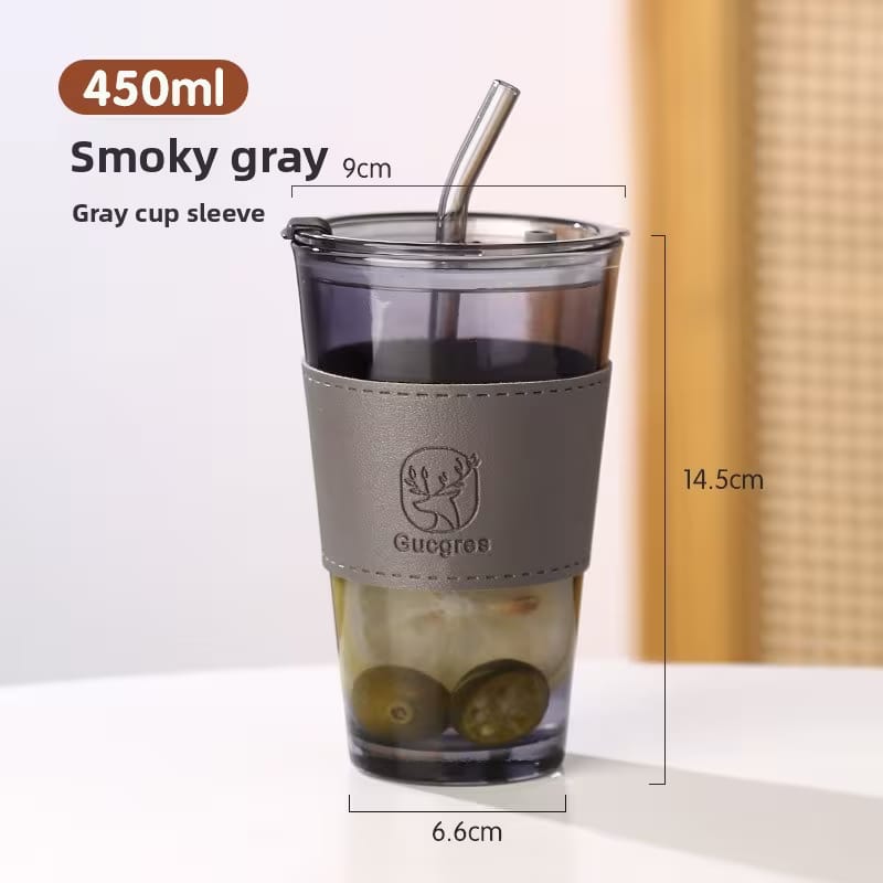 450ML LEATHER GRIP THICKENED GLASS STRAW CUP