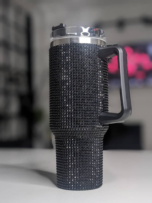 Shiny Rhinestone 40 0z Tumbler with Handle - BLACK